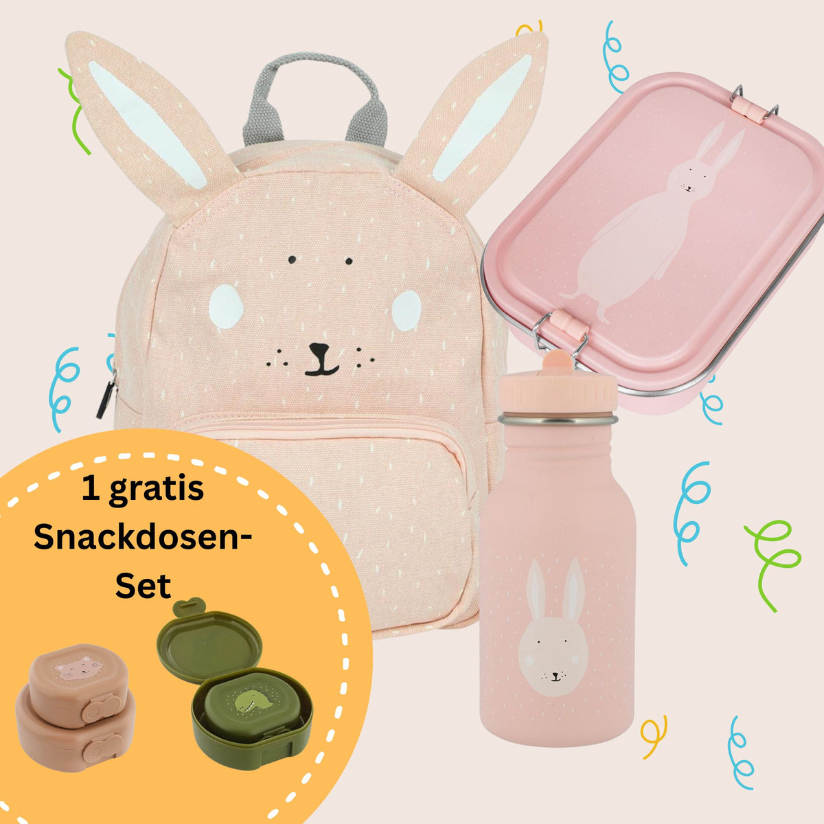 Kindergarten-Set Mrs. Rabbit – Rucksack, Trinkflasche und Brotdose