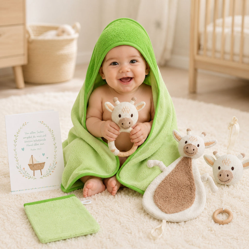 Geschenkset zur Geburt Giraffe gestrickt