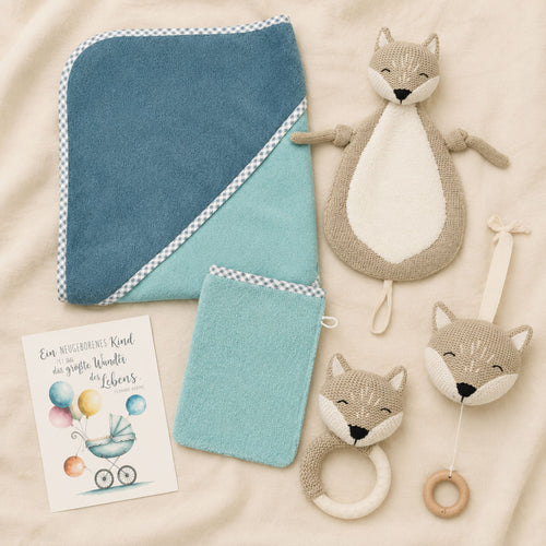 Geschenkset zur Geburt mit Namen – Fuchs gestrickt, personalisiertes Babygeschenk