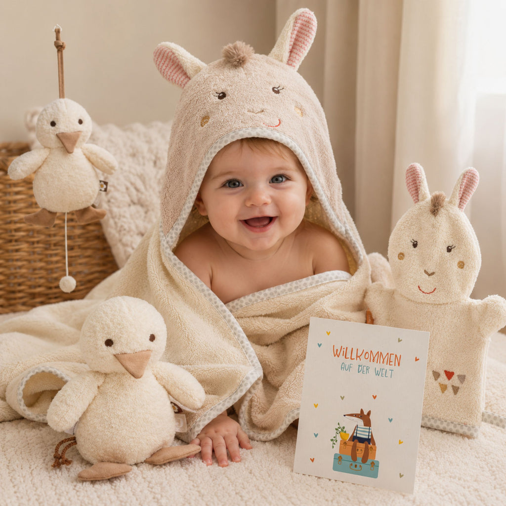 Geschenkset zur Geburt mit Namen – Lama und Ente von Fehn, personalisiertes Babygeschenk