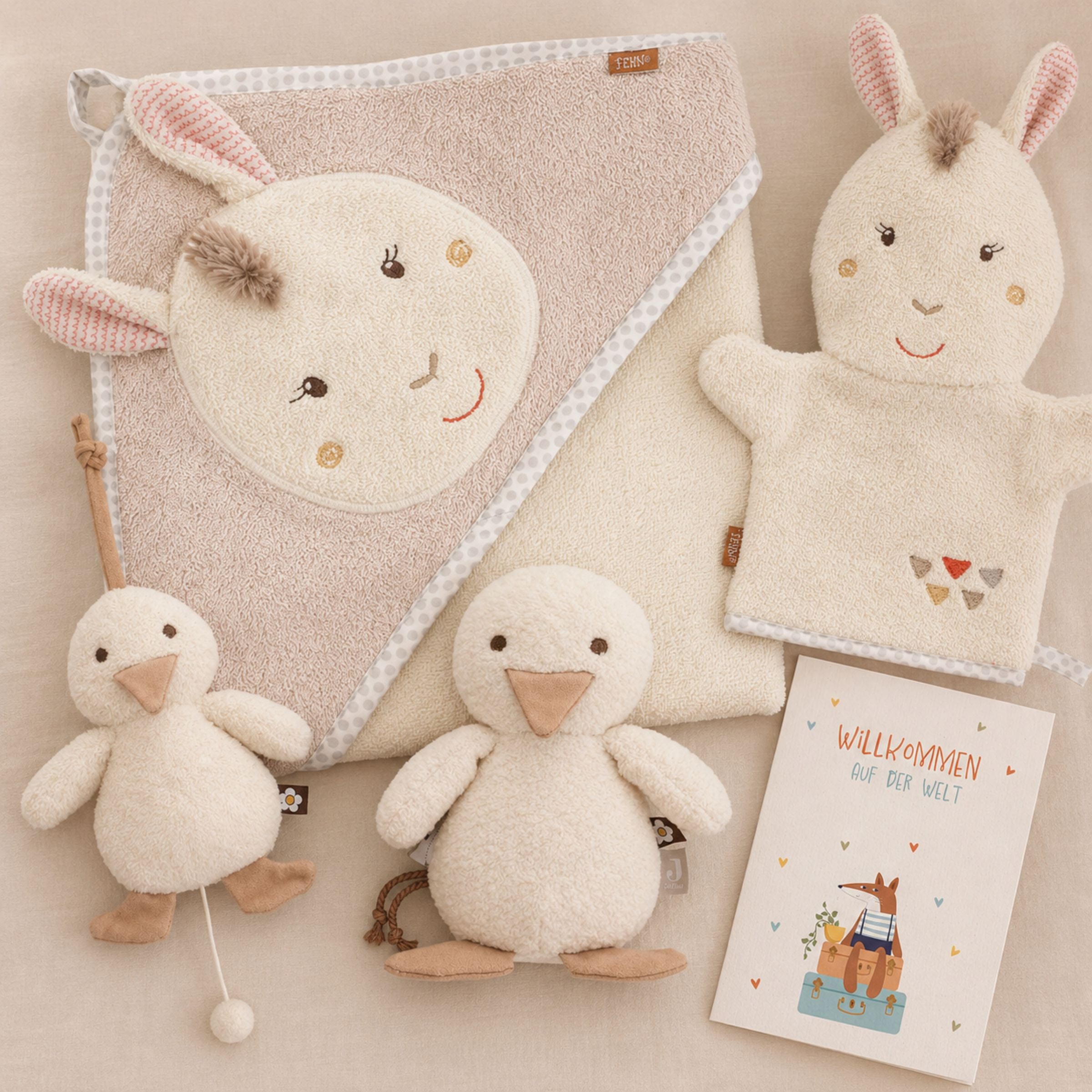 Geschenkset zur Geburt mit Namen – Lama und Ente von Fehn, personalisiertes Babygeschenk