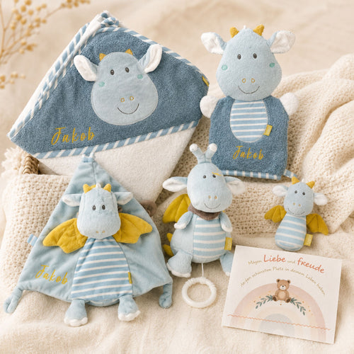 Geschenkset zur Geburt mit Namen – Drache von Fehn, personalisiertes Babygeschenk