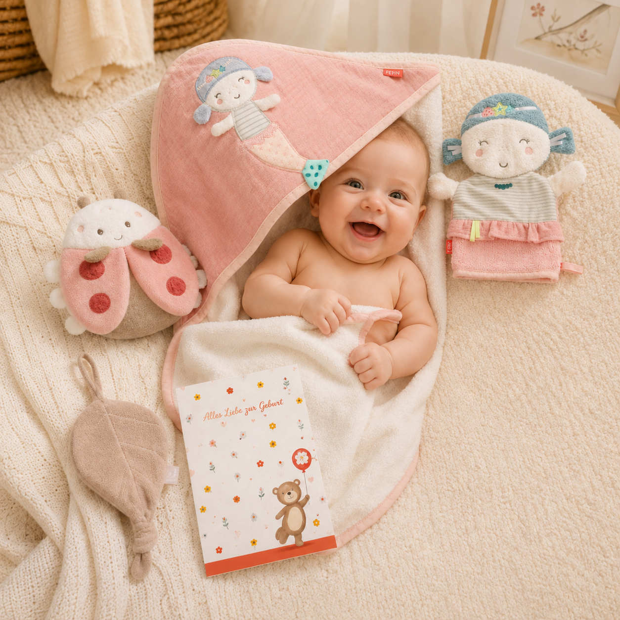 Geschenkset zur Geburt mit Namen – Meerjungfrau von Fehn, personalisiertes Babygeschenk