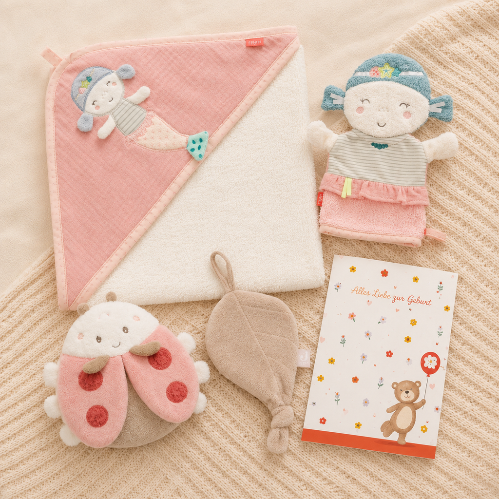 Geschenkset zur Geburt mit Namen – Meerjungfrau von Fehn, personalisiertes Babygeschenk