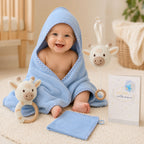 Geschenkset zur Geburt Giraffe gestrickt hellblau