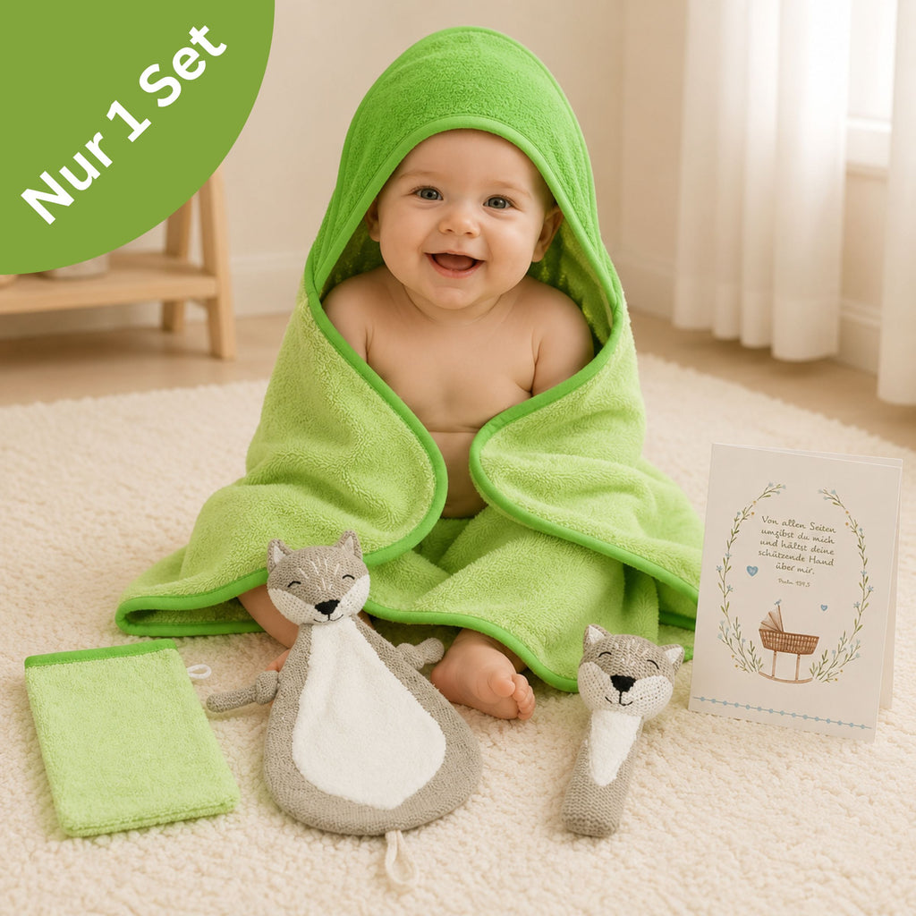 Geschenkset zur Geburt Fuchs mit Kapuzenbadetuch Grün