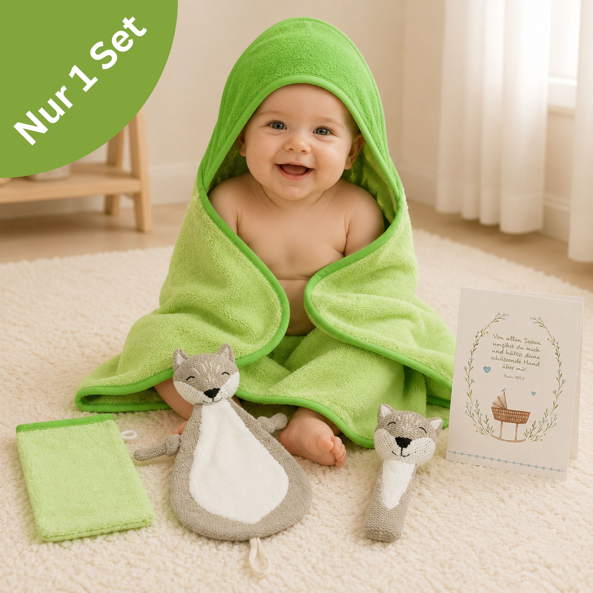 Geschenkset zur Geburt Fuchs mit Kapuzenbadetuch Grün
