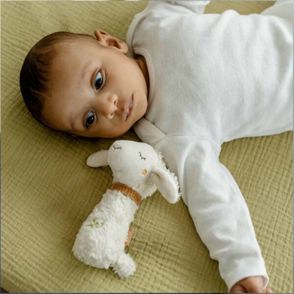 Fehn Mini Rassel Schaf mit staunendem Baby