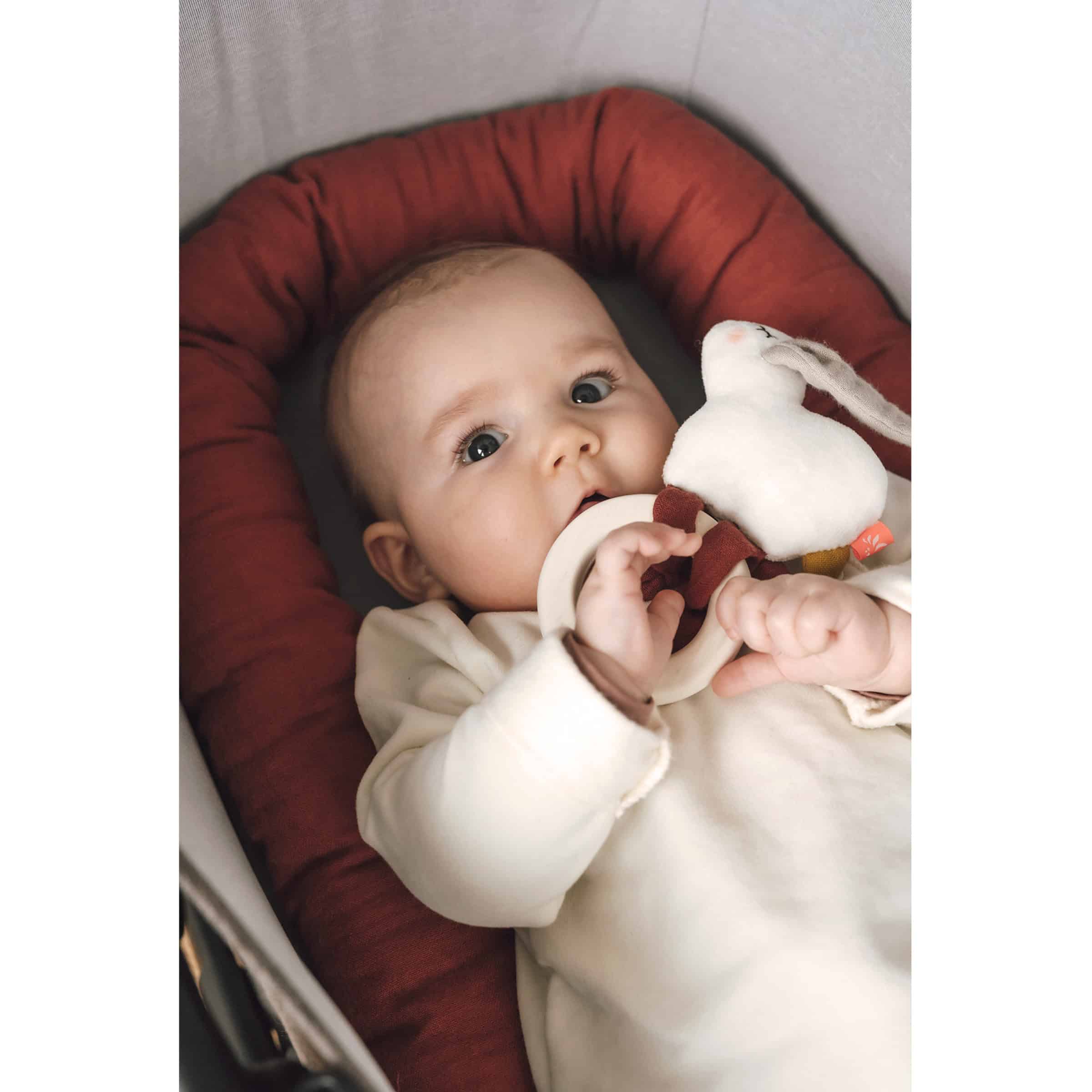 Kikadu Beißring Hase mit Rassel und einem Baby