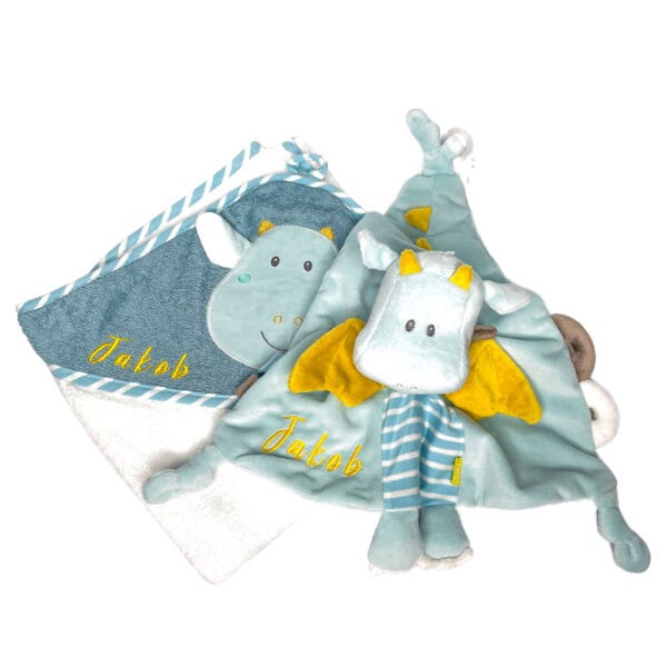 Personalisiertes Schmusetuch und Kapuzenbadetuch Drache von Fehn