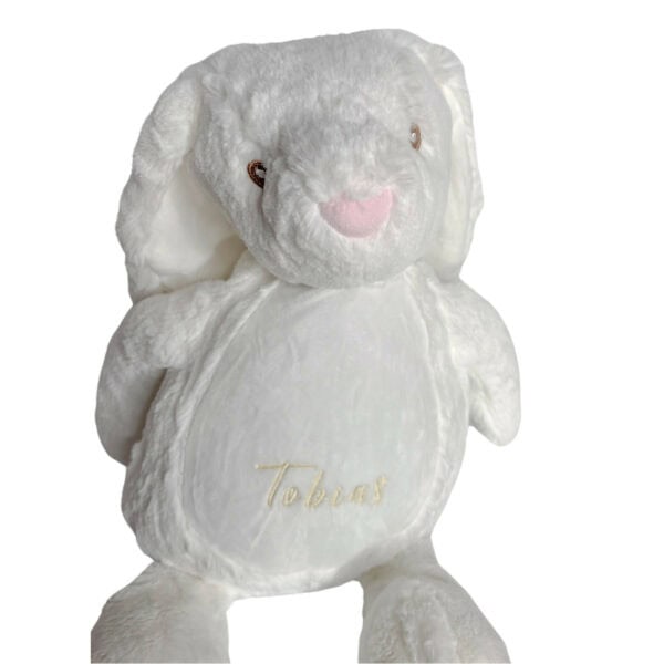 Personalisiertes Kuscheltier Hase Weiß mit Blick auf das Köpfchen