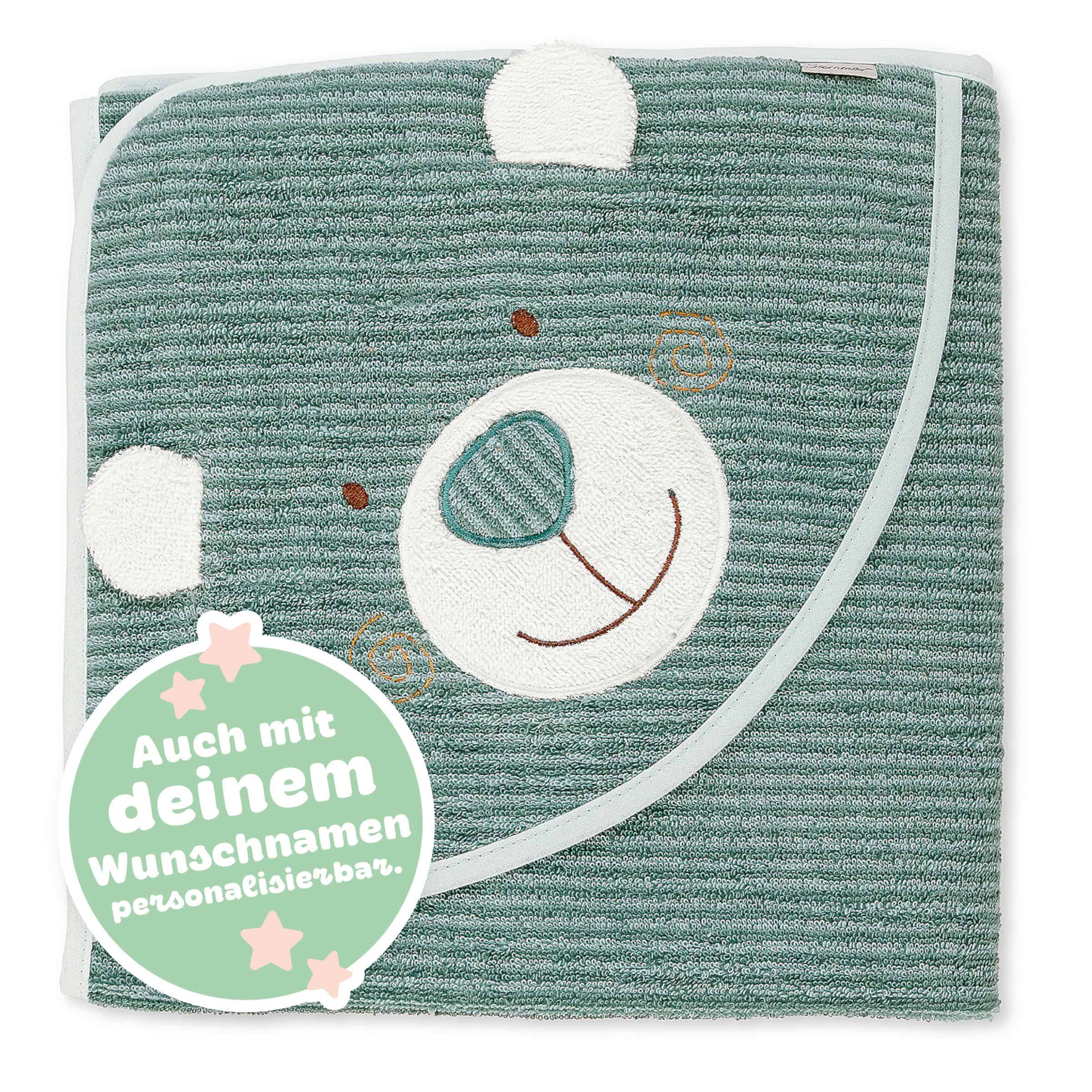 Sterntaler Kapuzenbadetuch Bär Ben in Grün mit Hinweis auf die Personalisierung
