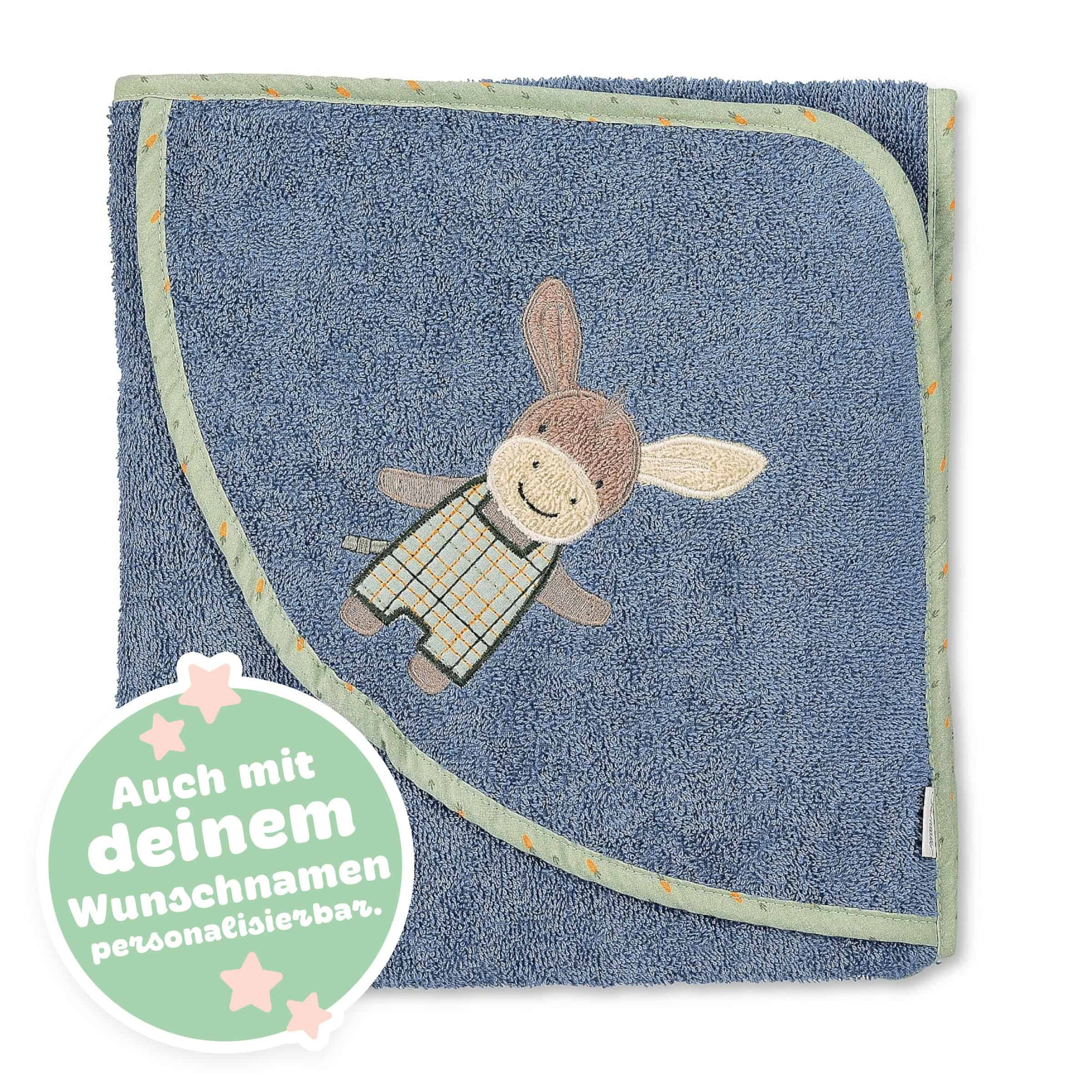 Sterntaler Kapuzenbadetuch Esel Emmilius in Mittelblau mit Hinweis auf die Personalisierung