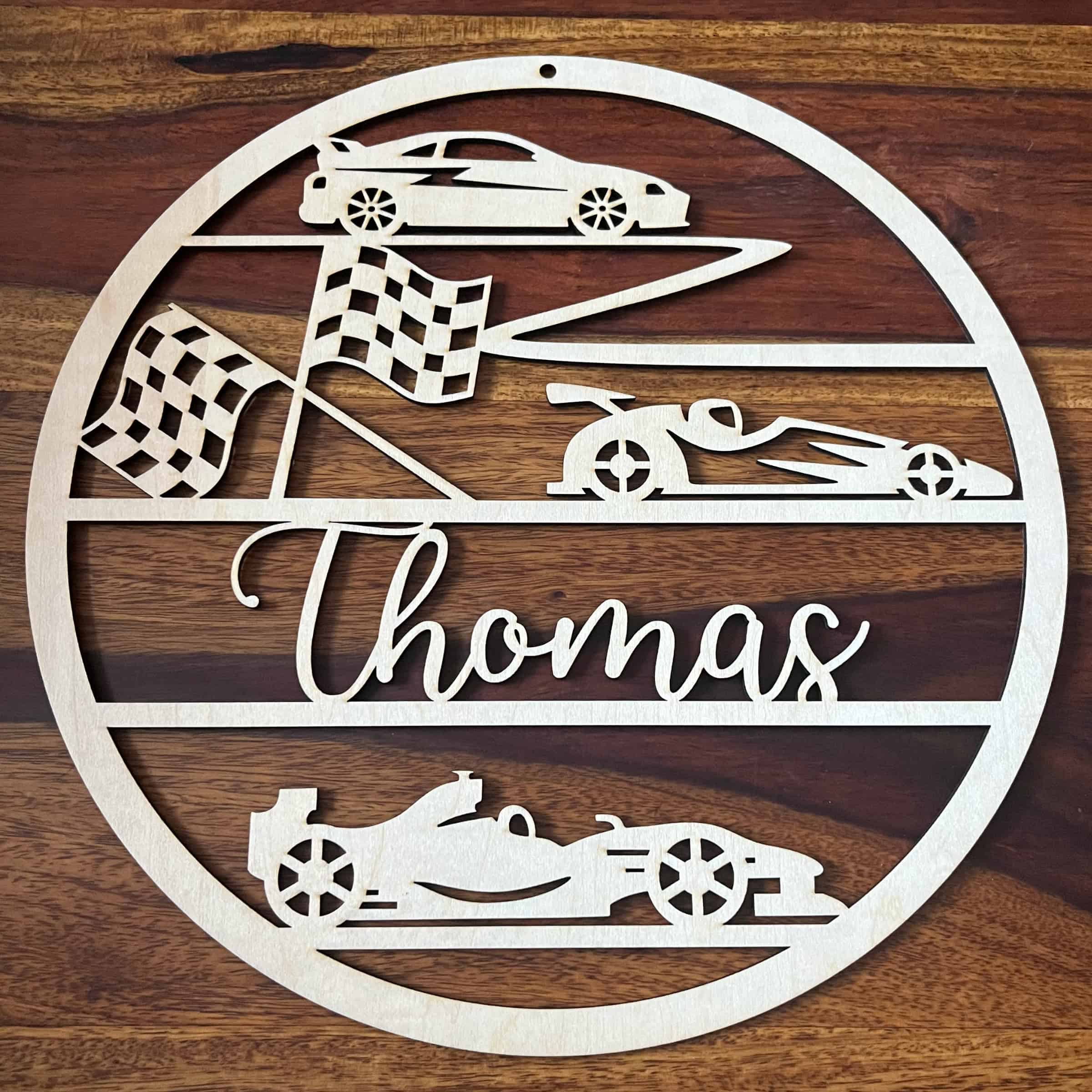 Holzschild Rennwagen 3 mm mit Wunschnamen