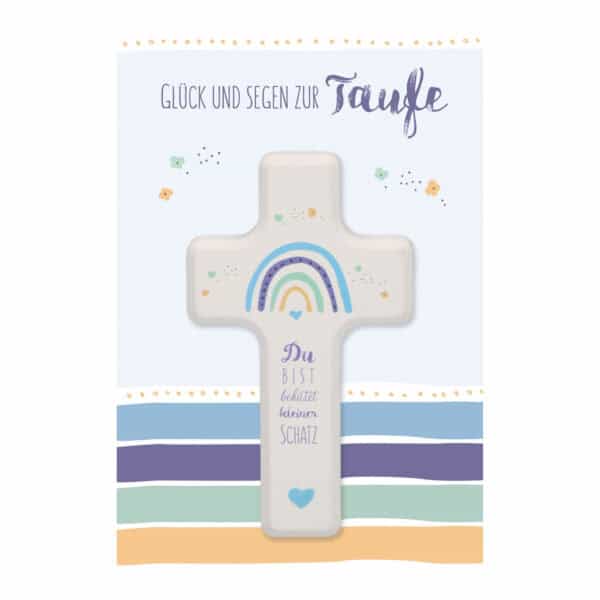 Glückwunschkarte mit Holzkreuz für Jungen - Glück und Segen zur Taufe