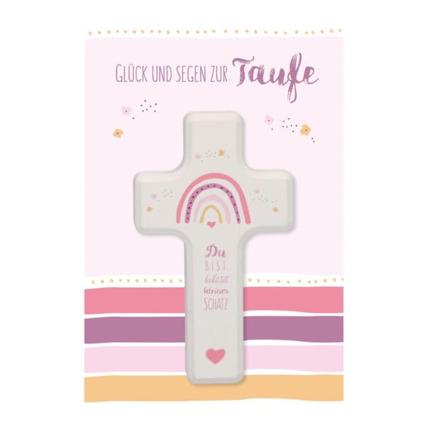 Glückwunschkarte mit Holzkreuz für Mädchen - Glück und Segen zur Taufe