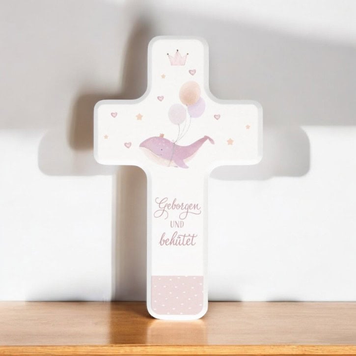 Kinderholzkreuz zur Taufe rosa - Geborgen und behütet