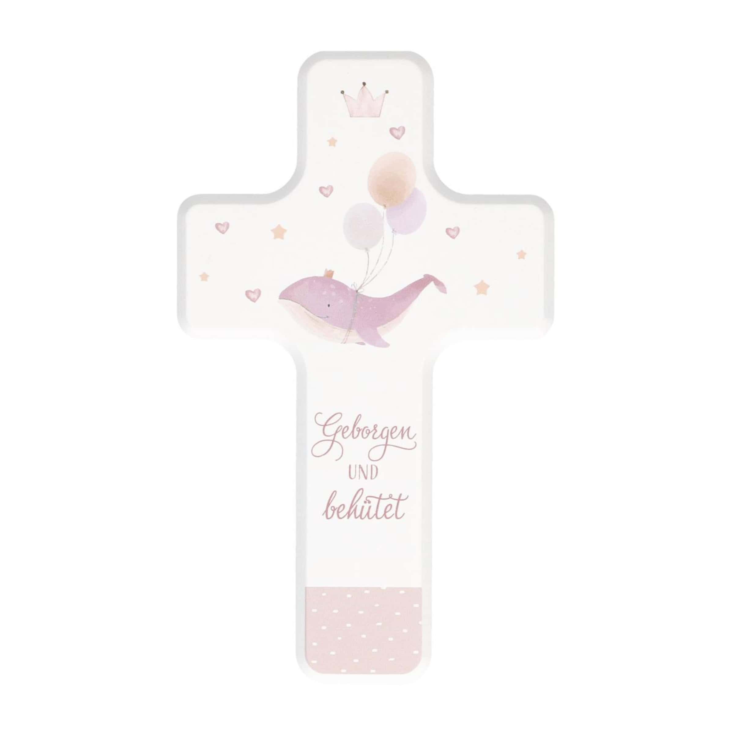 Kinderholzkreuz zur Taufe rosa - Geborgen und behütet-freigestellt