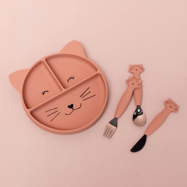 Trixie Baby Silikon Esslernteller mit Saugnapf Mrs. Cat mit Besteck